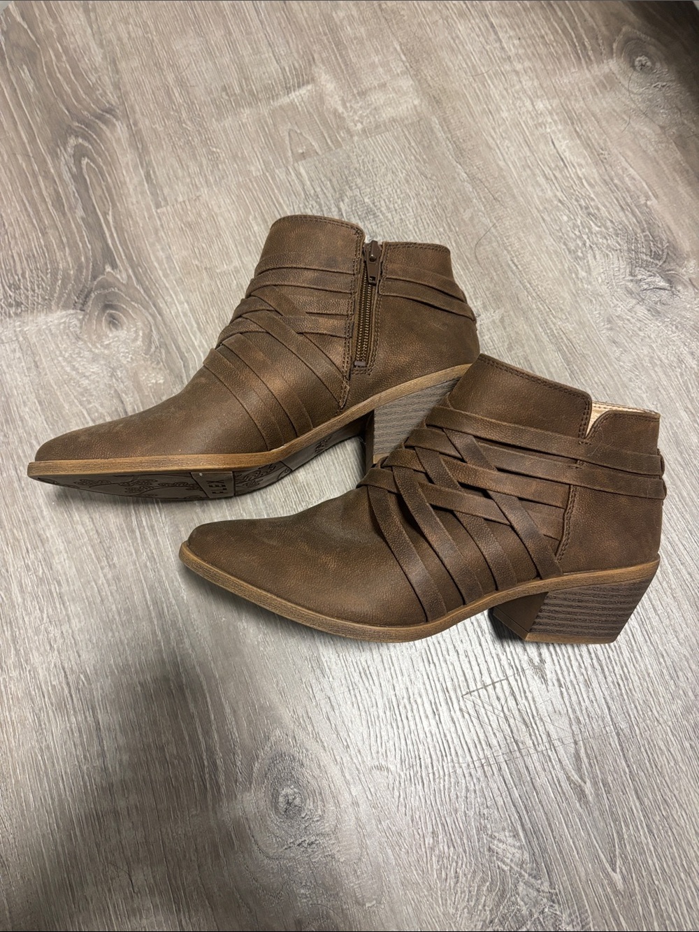 Life Stride Brown Woven-Strap Ankle Booties